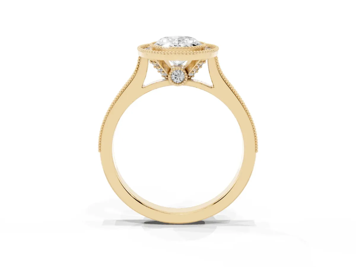 Halo Oval Cut-Cut Diamond Pave Band Milgrain Prong Setting Ring Yellow gold