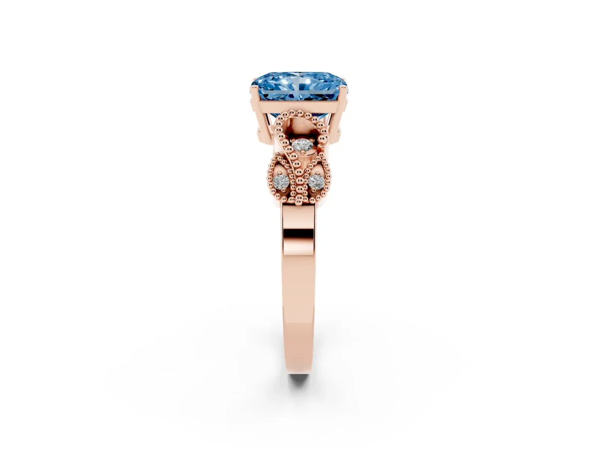 Fancy Blue Radiant Cut Solitaire Milgrain Leaf Band with Prong Setting Rose gold