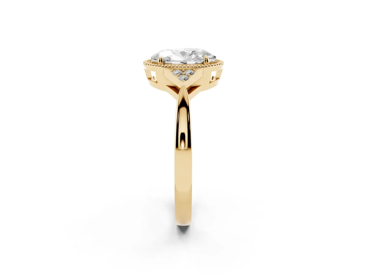 Hexagonal Halo Oval Cut Diamond Solitaire with Pavé Band and Four-Prong Setting Yellow gold