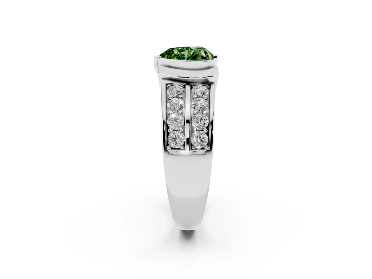 Fancy Green Heart Cut Brilliant Diamond Channel Set Wide Band Ring with Bezel Setting Platinum