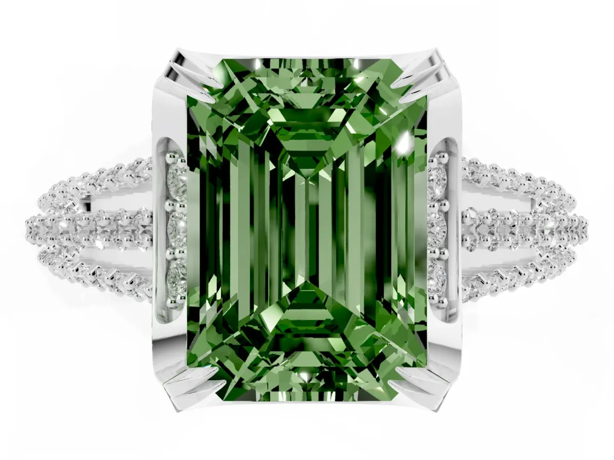 Fancy Green Emerald Cut Solitaire Pave Split Shank Ring with Four-Prong Setting Platinum