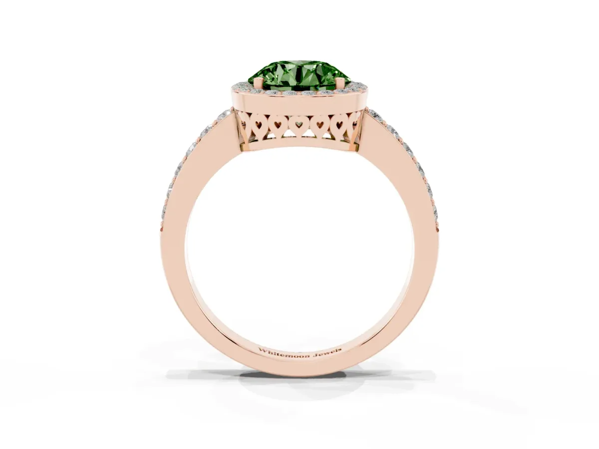 Fancy Green Round Cut Halo Diamond Pavé Band Ring with Prong Setting Rose gold