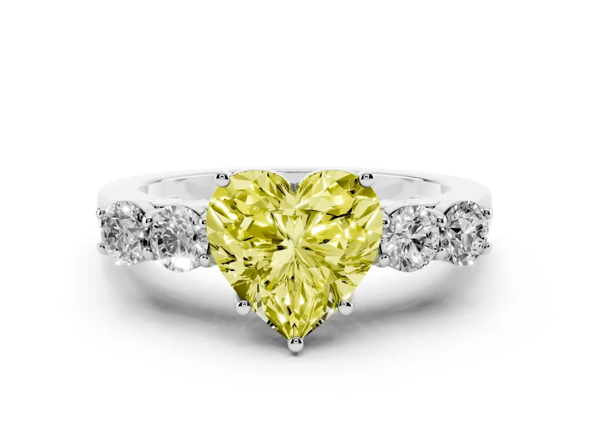 Fancy Yellow Heart Cut Cut Diamond Five-Stone Prong Set White Gold Ring Platinum