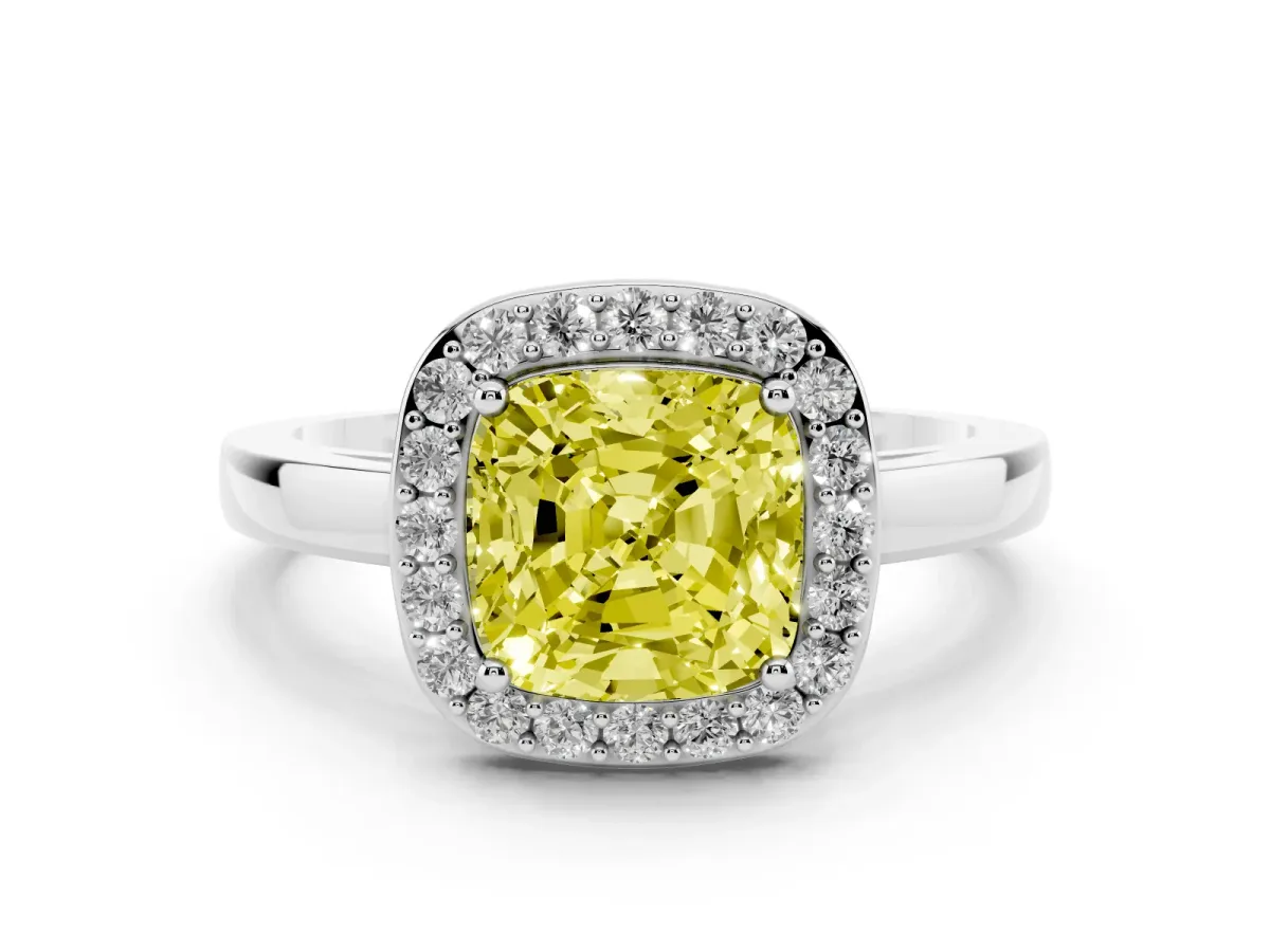 Fancy Yellow Cushion Cut Halo Diamond Ring with Solitaire Band and Prong Setting Platinum