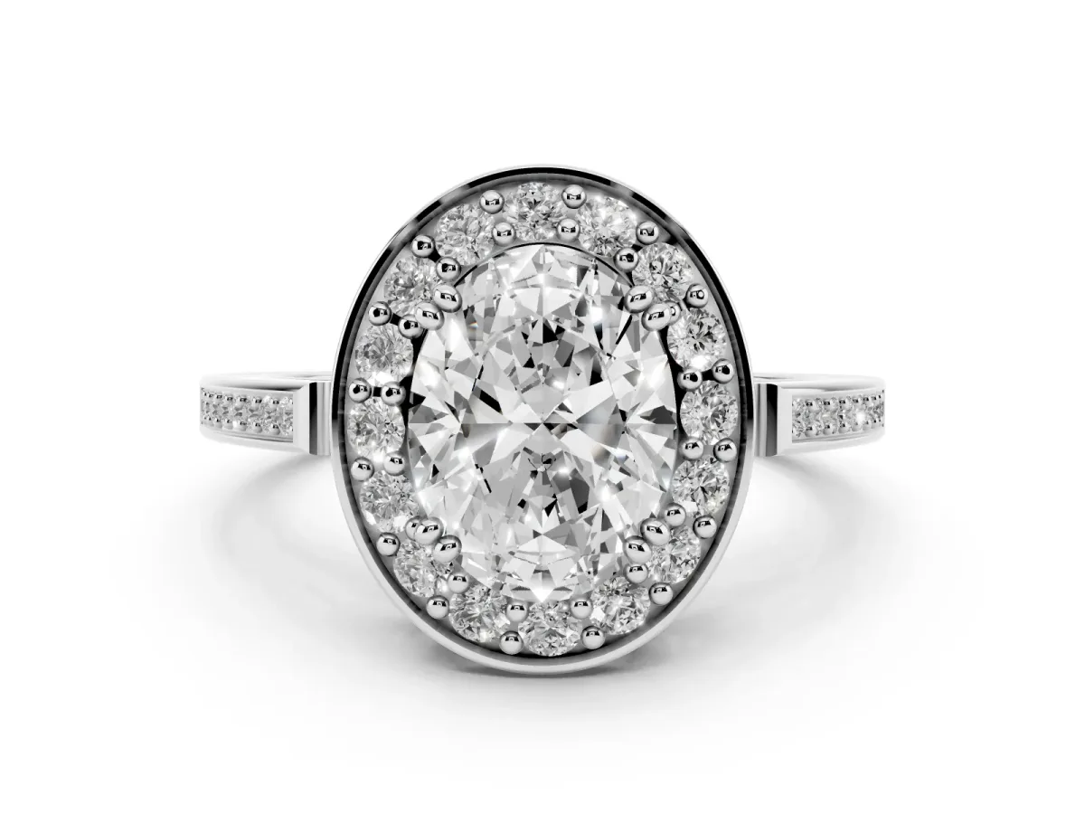 Oval Cut Diamond Halo Ring with Split Shank and Four-Prong Setting Silver