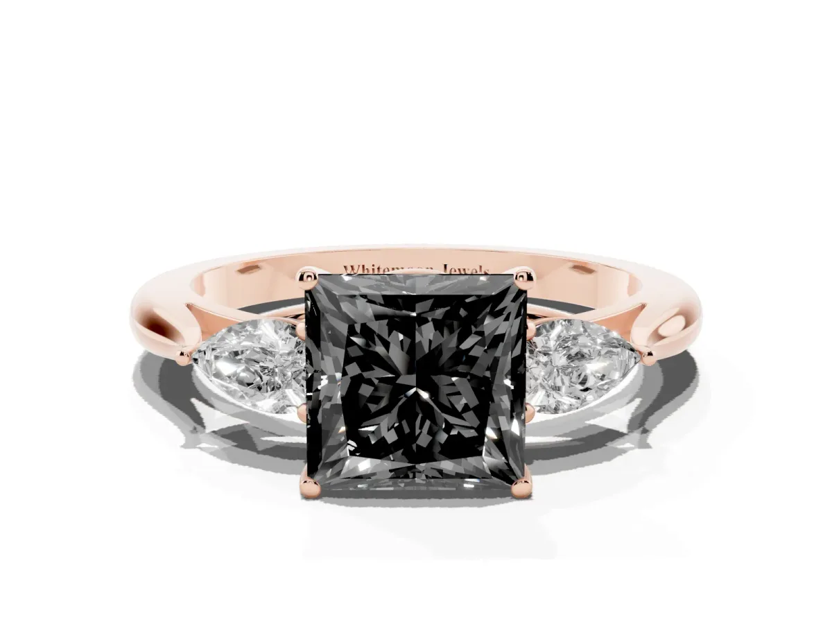 Fancy Black Three-Stone Princess Cut Brilliant Diamond Solitaire Ring with Tapered Band and Four-Prong Setting Rose gold