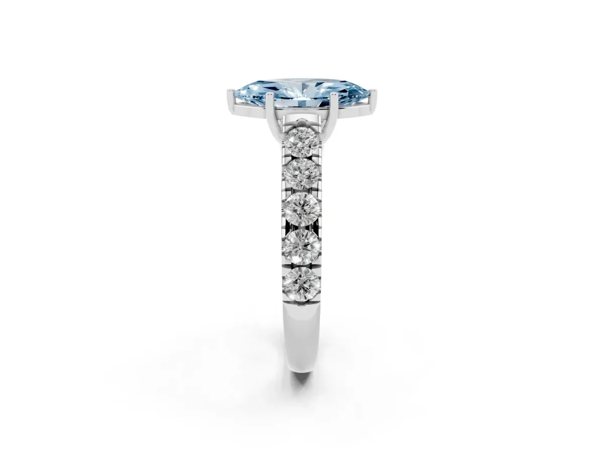 Fancy Blue Marquise Cut Cut Diamond Solitaire Ring with Micro Pave Band and Prong Setting Silver