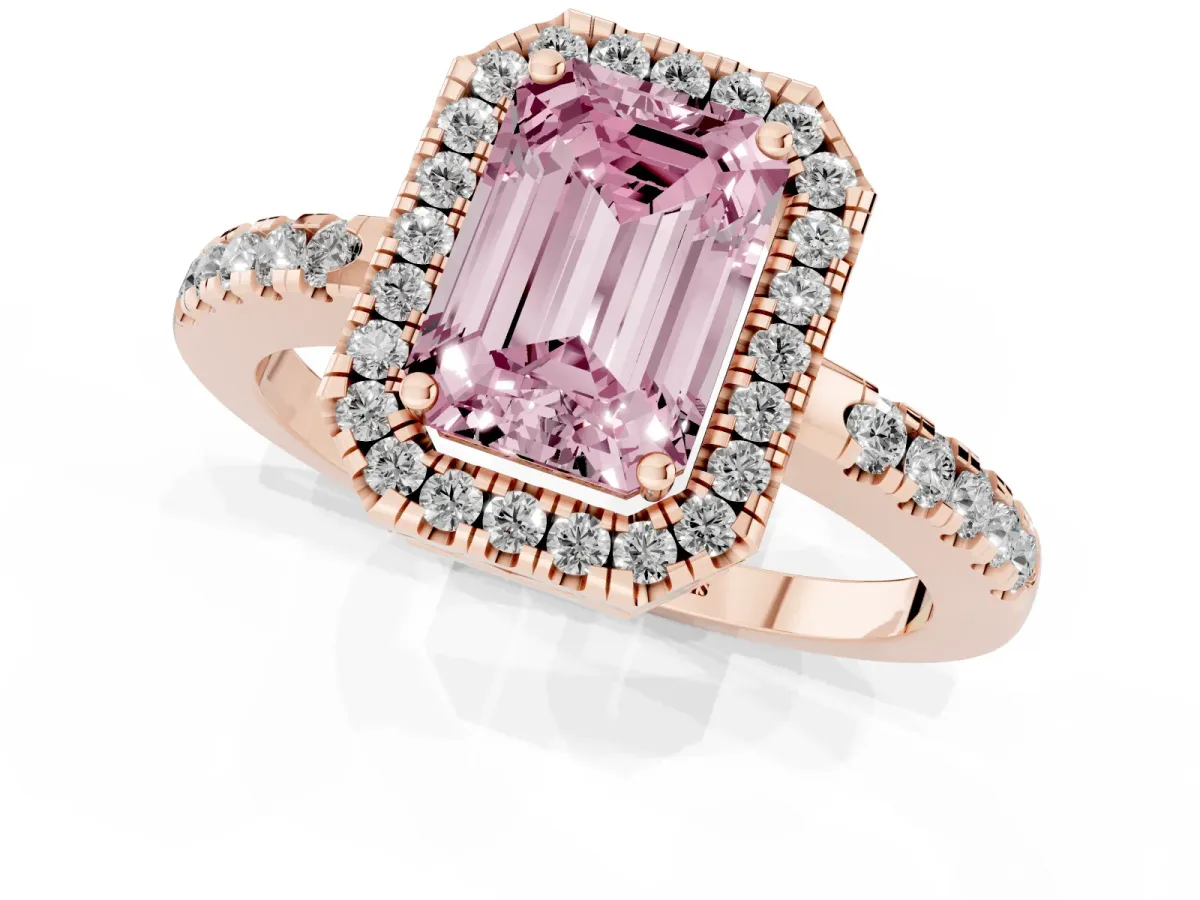 Fancy Pink Emerald Cut Halo Diamond Engagement Ring with Pavé Band and Four-Prong Setting Rose gold