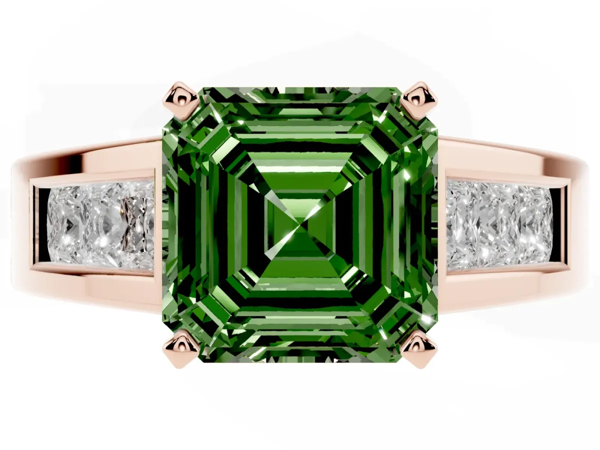 Fancy Green Asscher Cut Cut Channel Set Solitaire Ring with Four-Prong Setting Rose gold