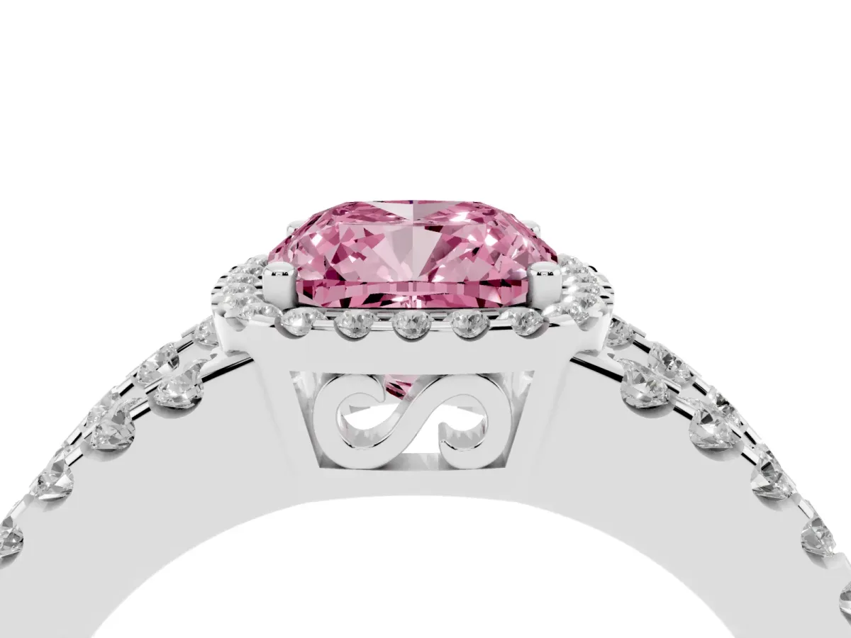 Fancy Pink Cushion Cut Cut Halo Split Shank Diamond Ring with Four-Prong Setting Silver