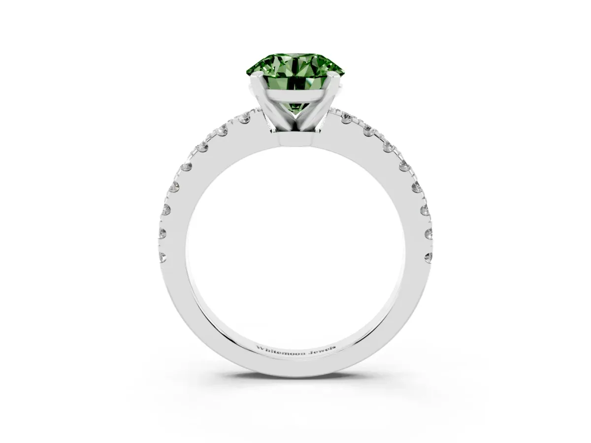 Fancy Green Round Cut Solitaire Diamond with Pavé Band and Four-Prong Setting White gold