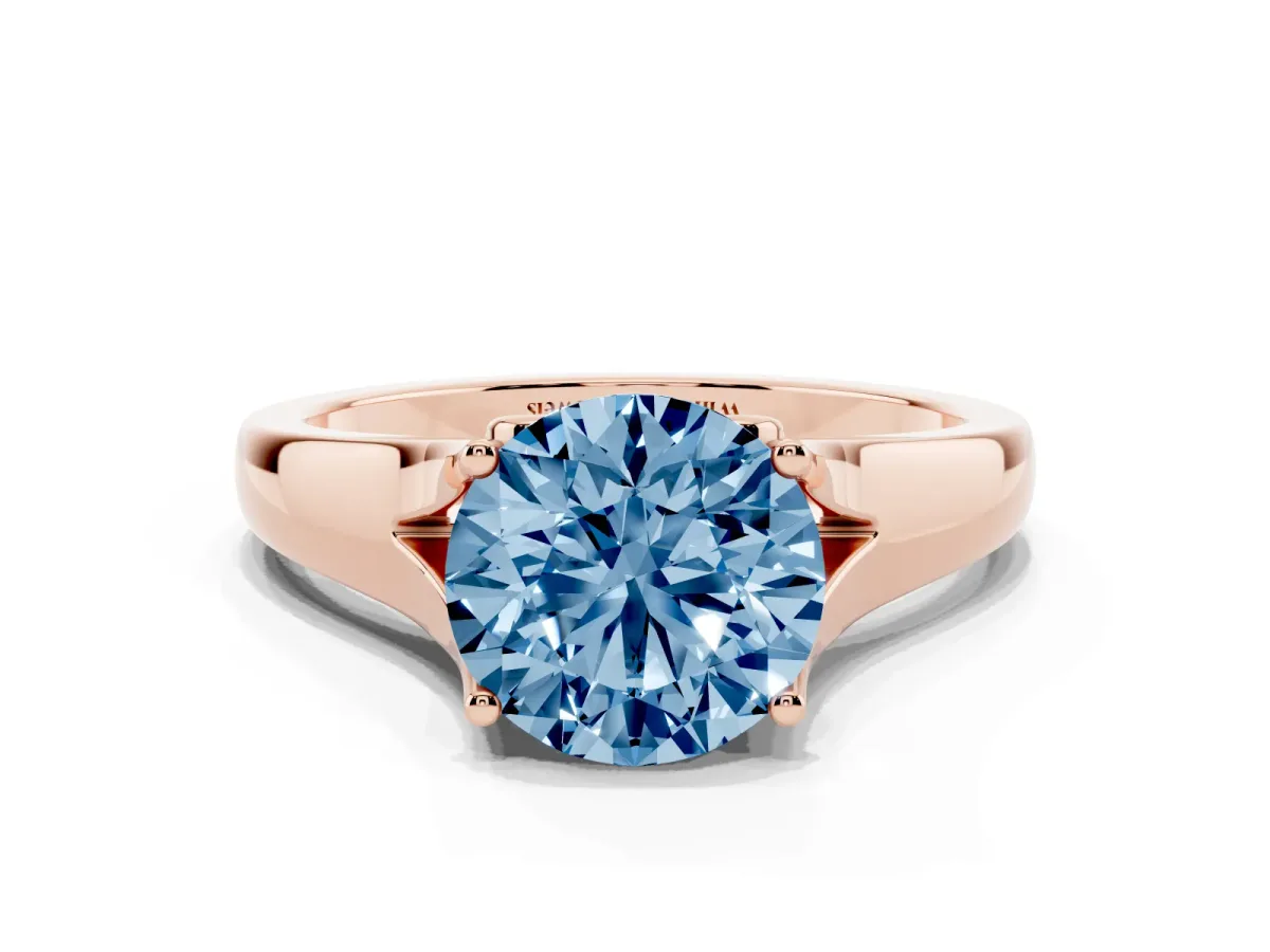 Fancy Blue Round Cut Solitaire Diamond Ring with Cathedral Band and Four-Prong Setting Rose gold
