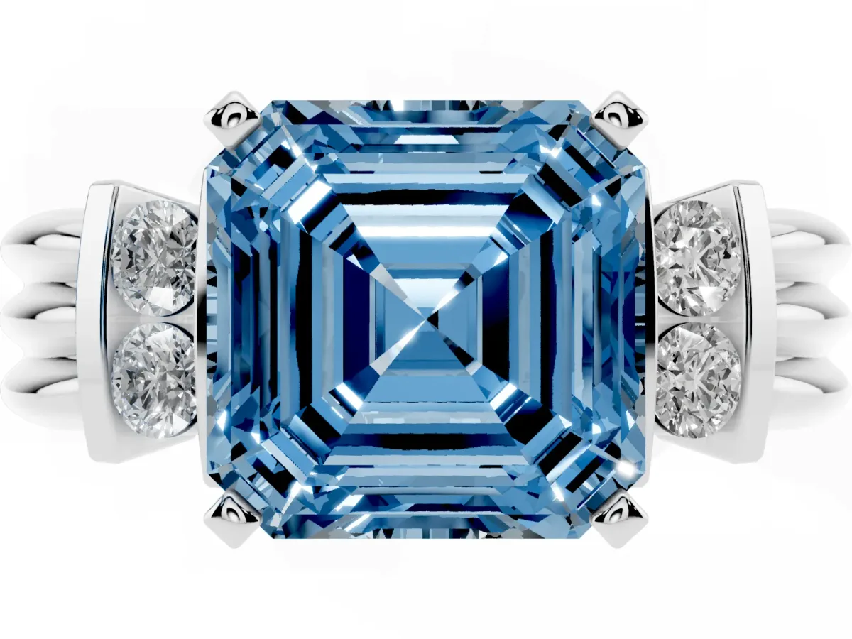 Fancy Blue Asscher Cut Cut Three-Stone Channel Set Ring with Bar Prongs Silver