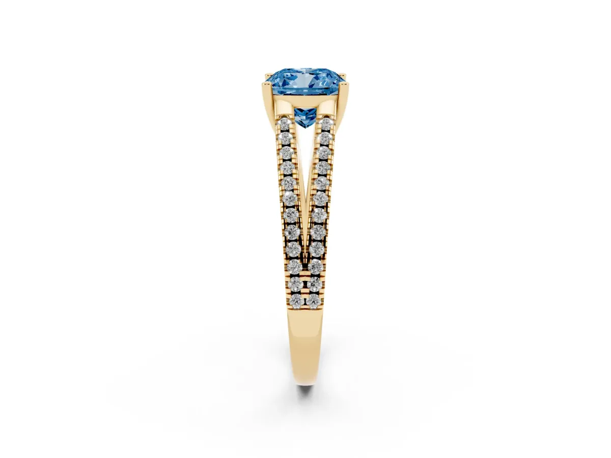 Fancy Blue Cushion Cut Diamond Solitaire Engagement Ring with Split Shank Pavé Band Yellow gold