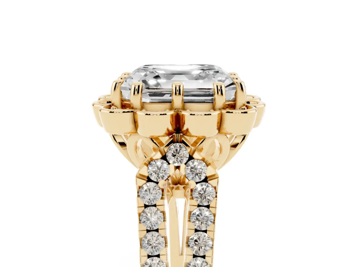 Asscher Cut Halo Diamond Floral Split Shank Engagement Ring Yellow gold