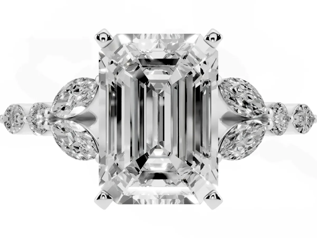 Emerald Cut Diamond Solitaire Ring with Side Stones and Four-Prong Setting Platinum