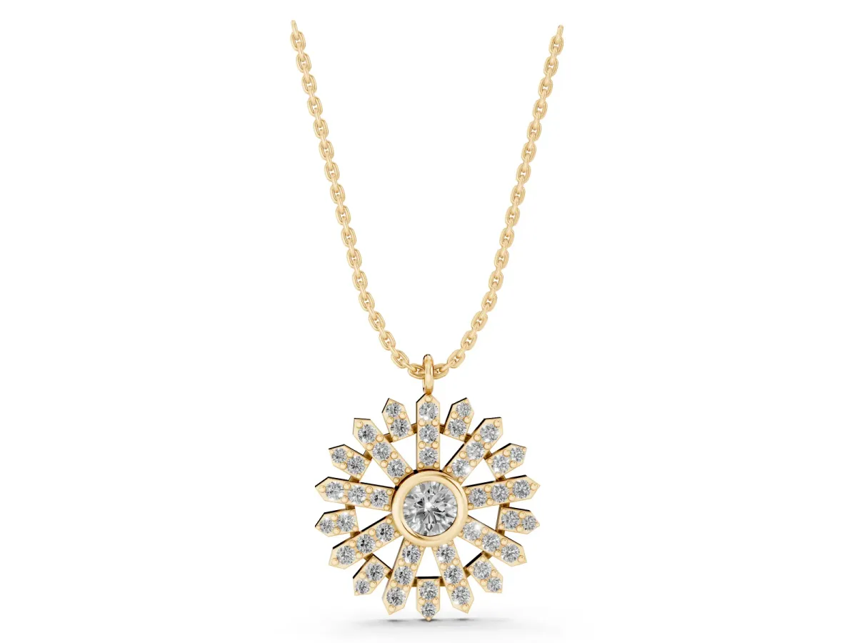 Round Diamond Snowflake Pendant with Pavé Setting Yellow gold