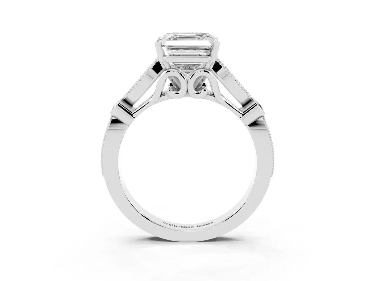 Asscher Cut Cut Diamond with Milgrain Marquise and Bezel Accents on a Solitaire Band with Prong Setting Platinum