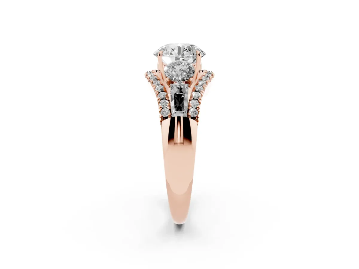 Three-Stone Round Cut Diamond Engagement Ring with Pave Band and Prong Setting Rose gold