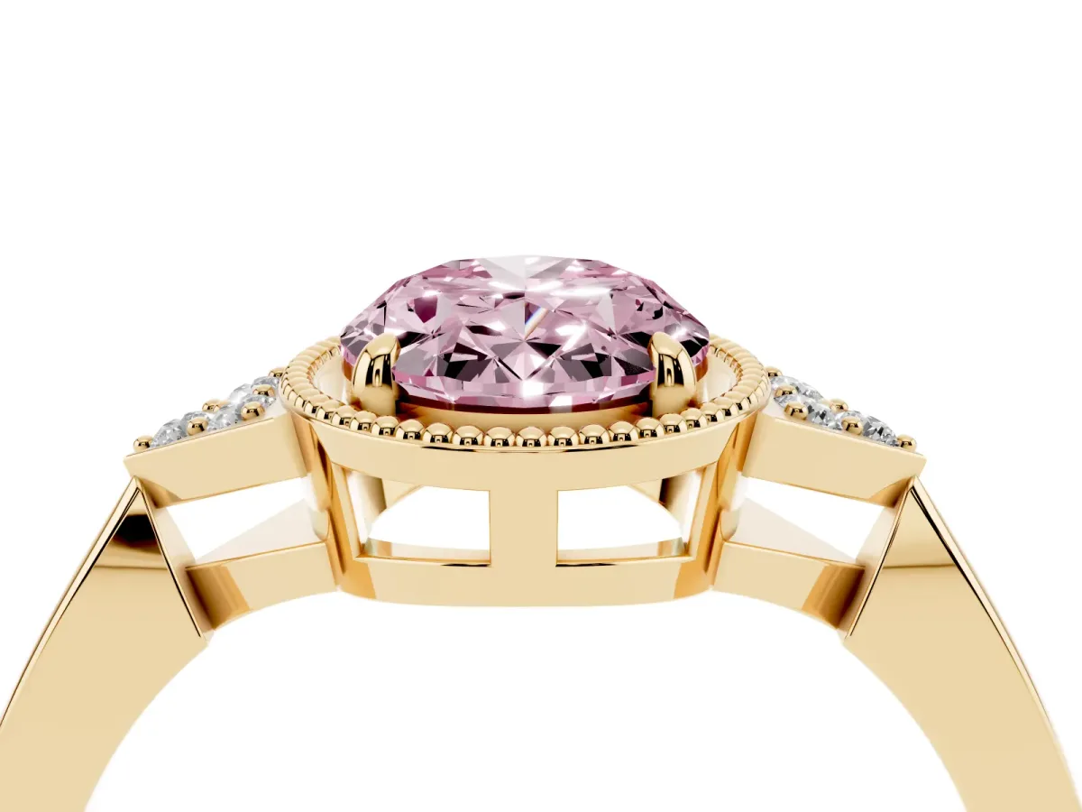 Fancy Pink Oval Cut Diamond Halo Ring with Tapered Band and Four-Prong Setting Yellow gold