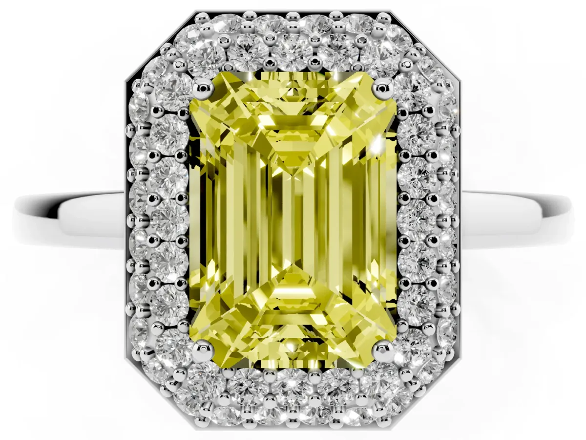 Fancy Yellow Emerald Cut Halo Diamond Engagement Ring with Solitaire Band and Four-Prong Setting Silver