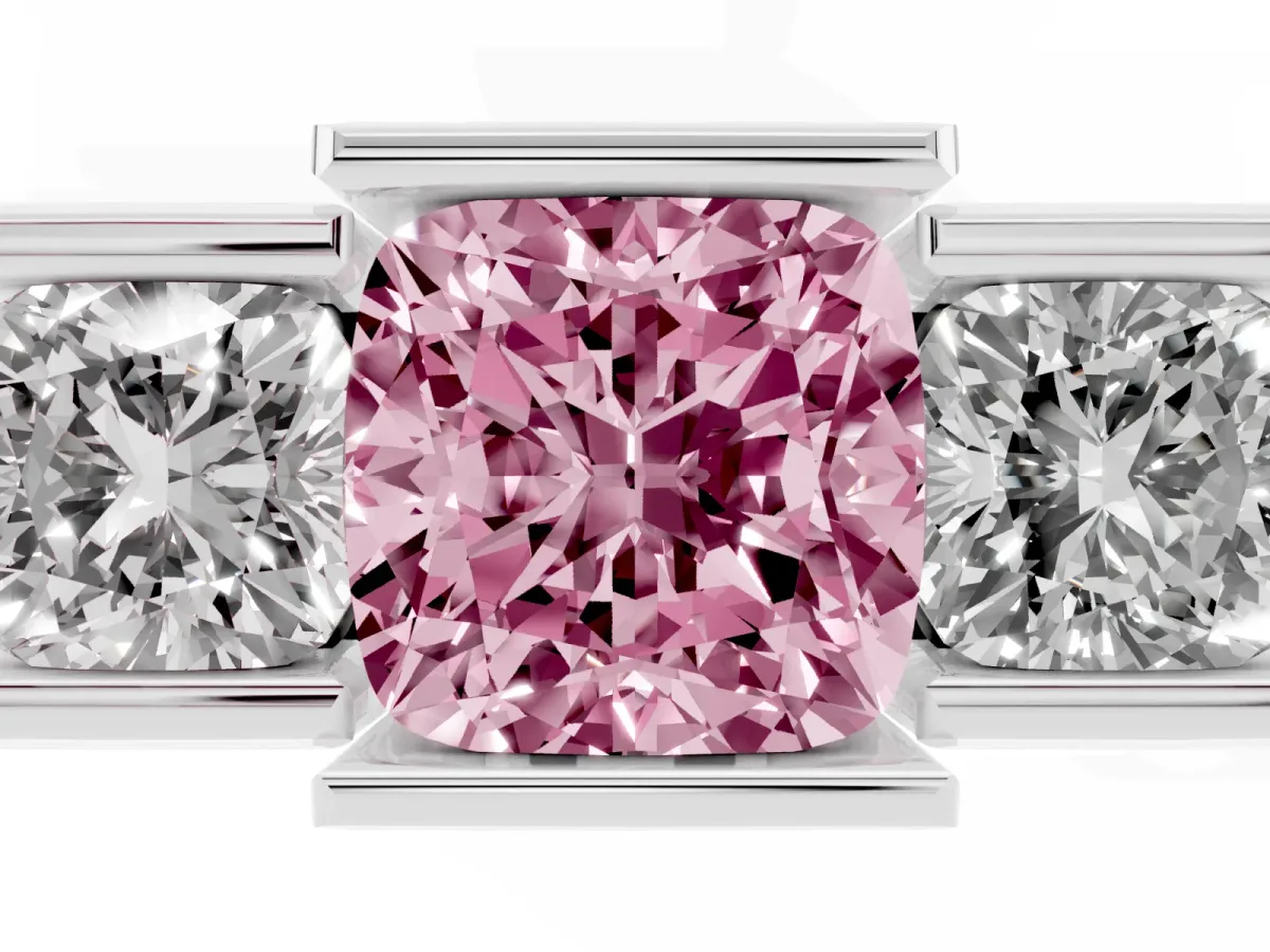 Fancy Pink Three Stone Cushion Cut Cut Channel Set Diamond Ring Platinum