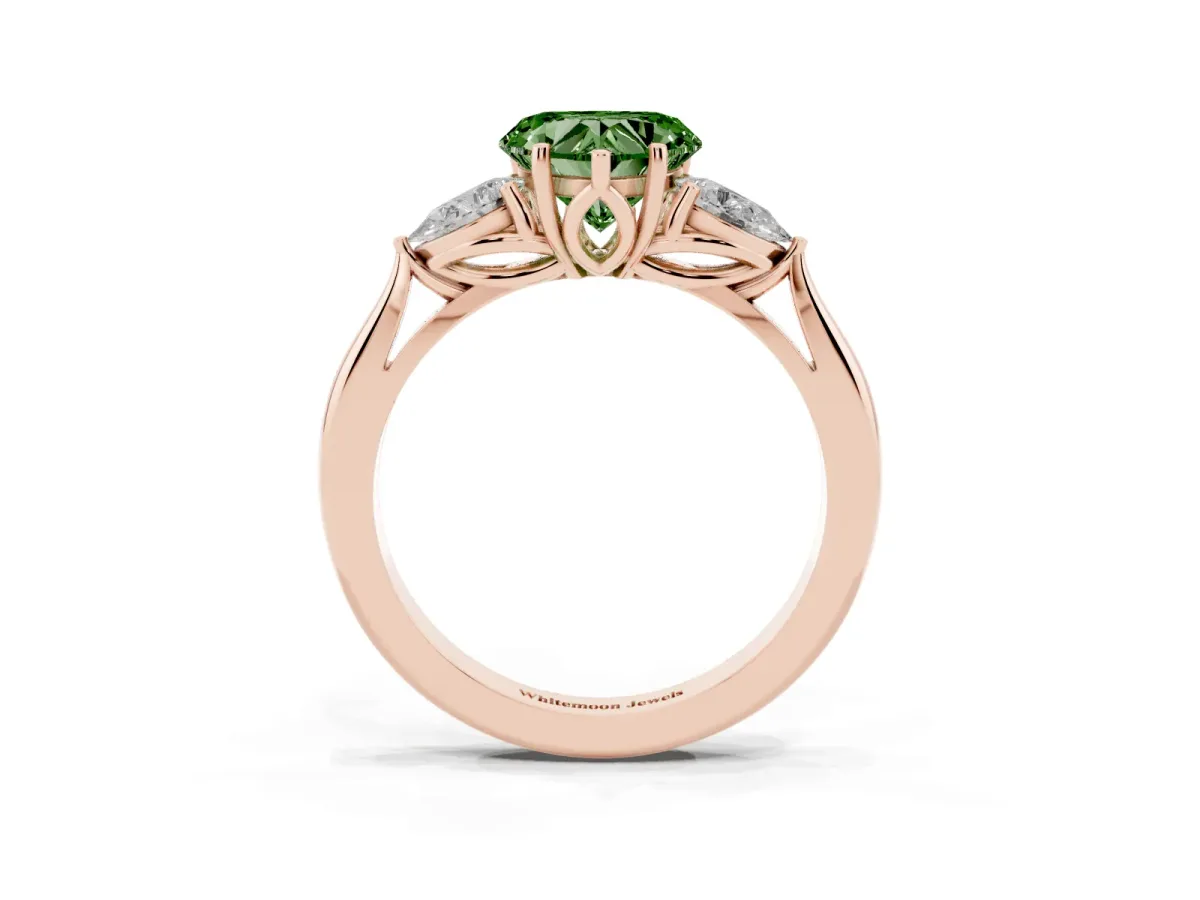 Fancy Green Three-Stone Heart Cut Brilliant Diamond Solitaire Ring with Tapered Band and Four-Prong Setting Rose gold