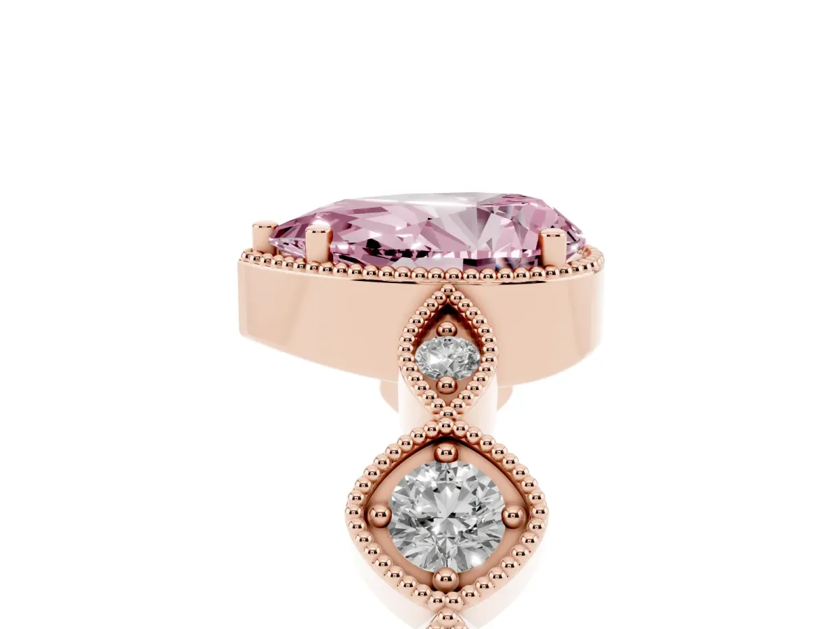 Fancy Pink Pear Cut Diamond Vintage Milgrain Ring with Round Stations Rose gold