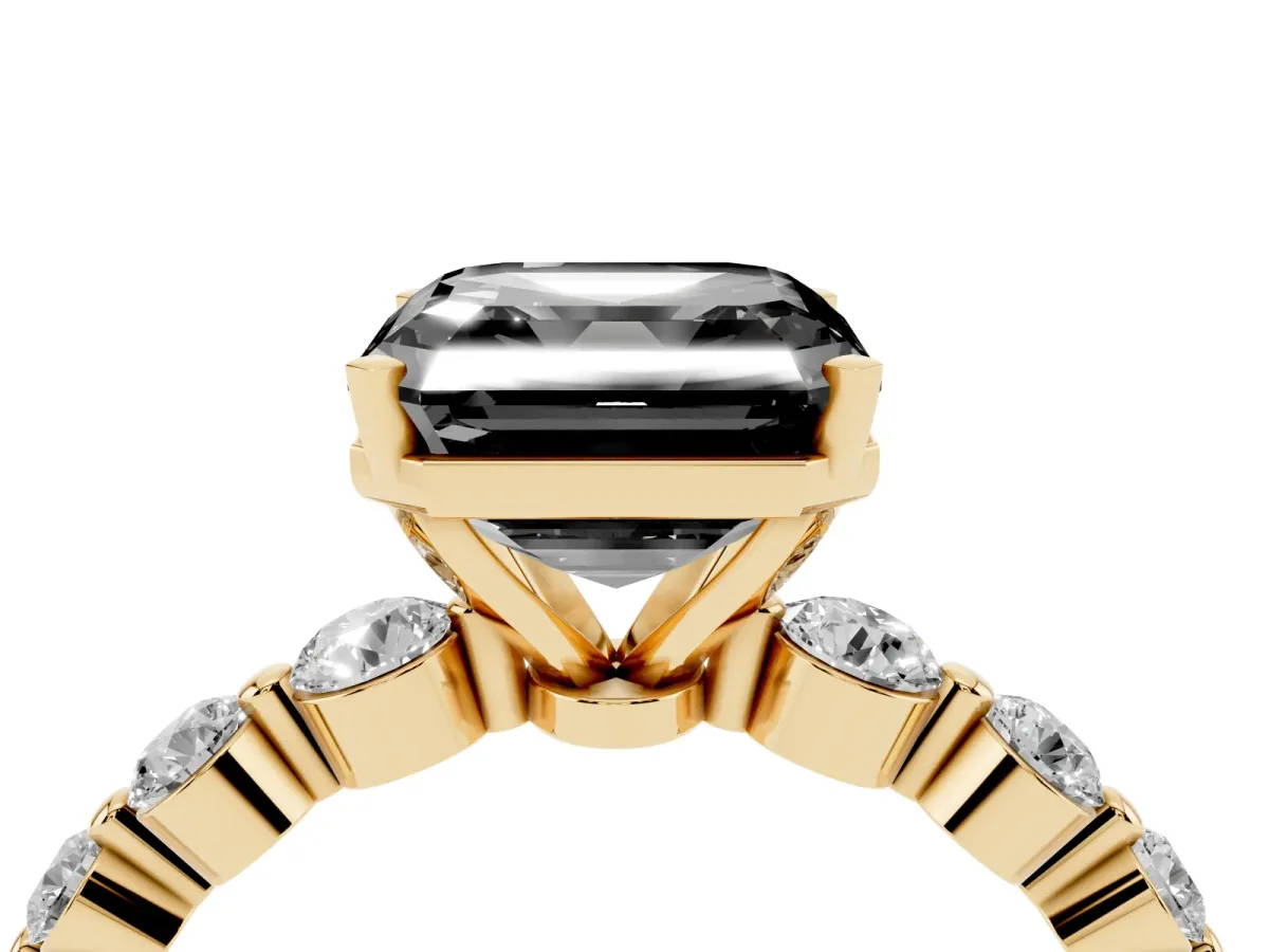 Fancy Black Asscher Cut Solitaire Diamond Ring with Pave Band and Four-Prong Setting Yellow gold
