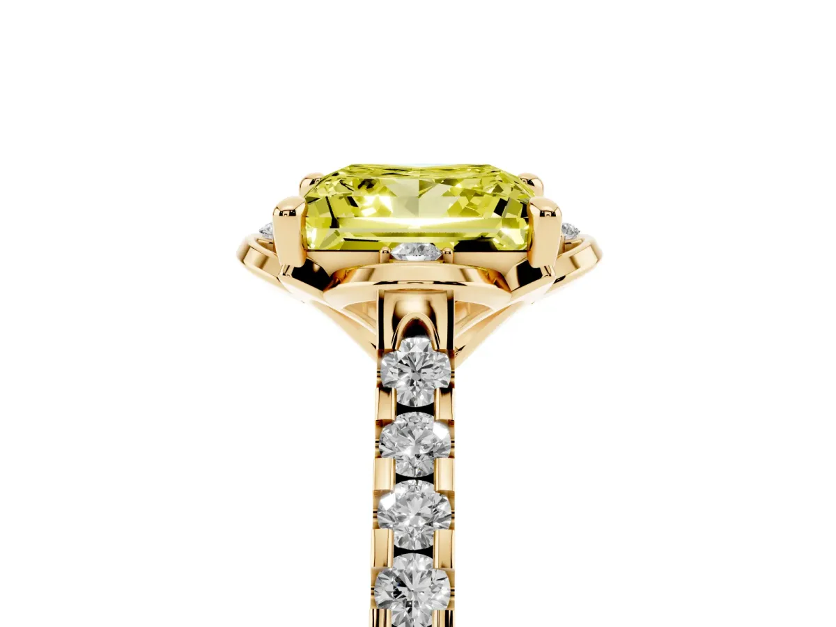 Fancy Yellow Princess Cut Diamond Ring with Pavé Band and Floral Prong Setting Yellow gold
