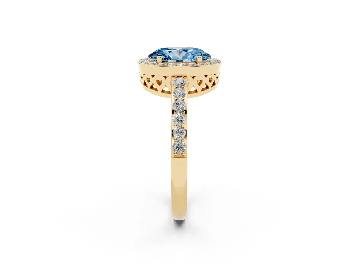 Fancy Blue Oval Cut Halo Diamond Pavé Band Ring with Prong Setting Yellow gold
