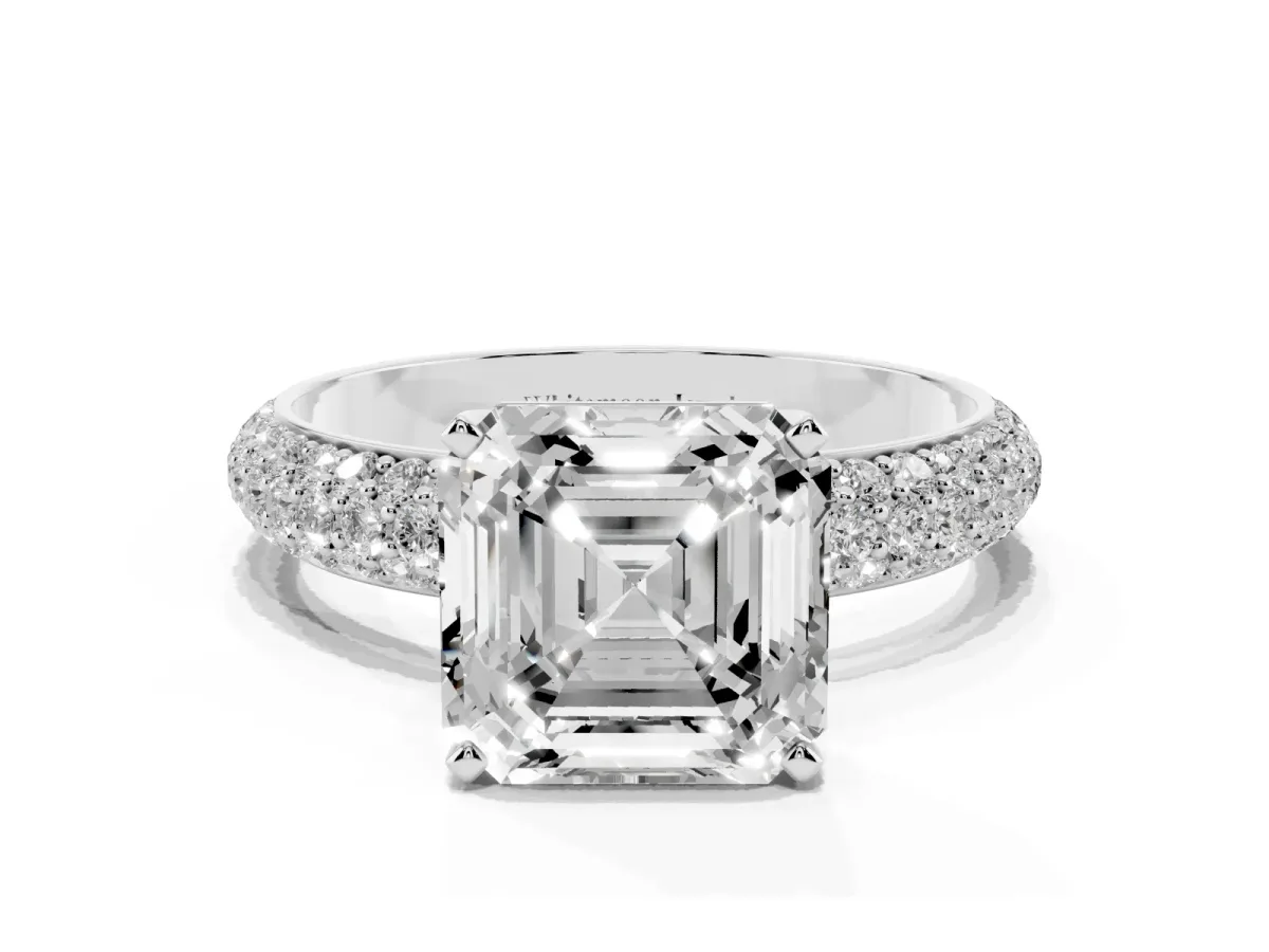 Asscher Cut Diamond Solitaire Ring with Prong Setting and Pavé Band Silver