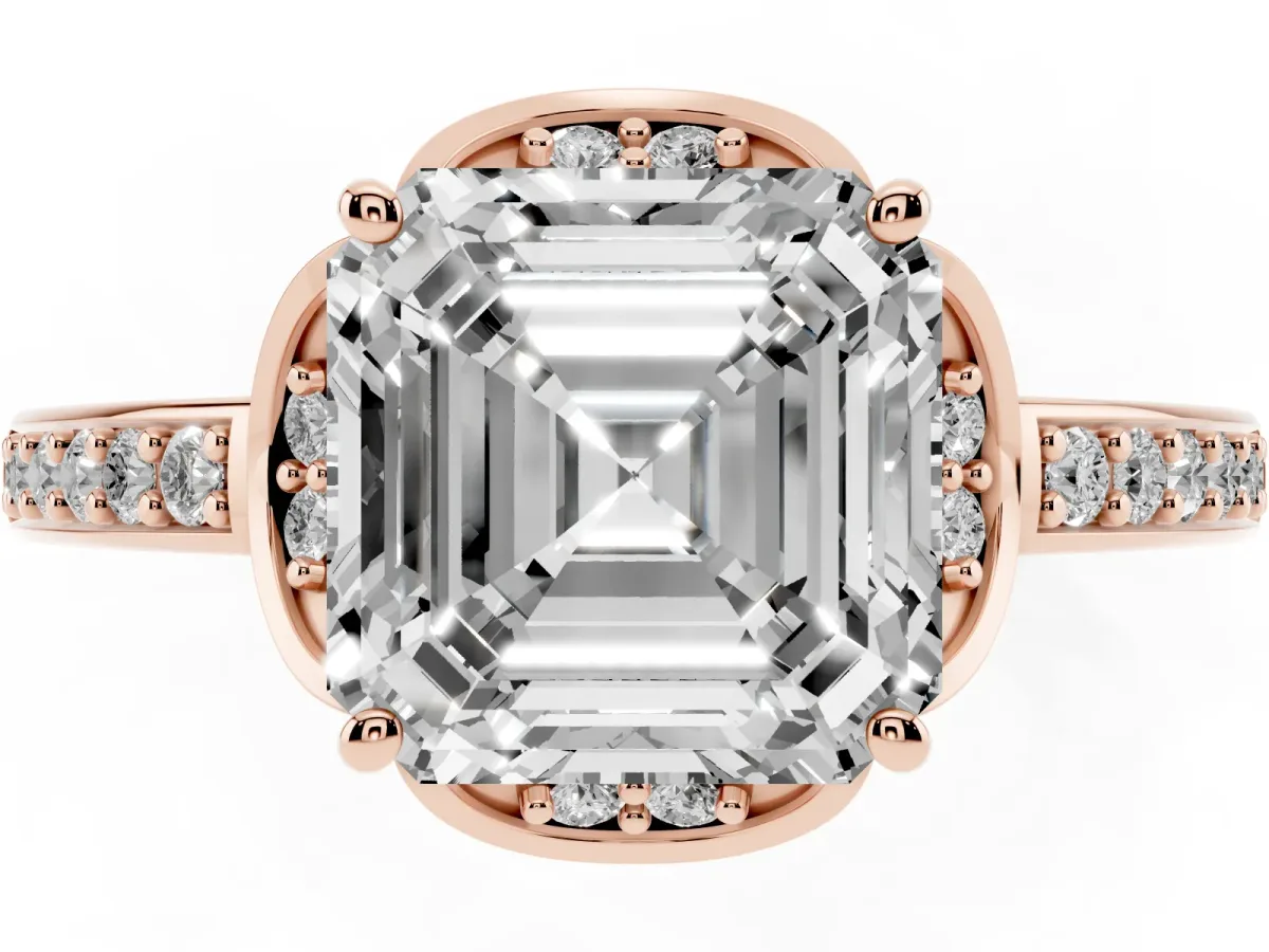 Asscher Cut Cut Halo Diamond Ring with Channel Set Band and Four-Prong Setting Rose gold