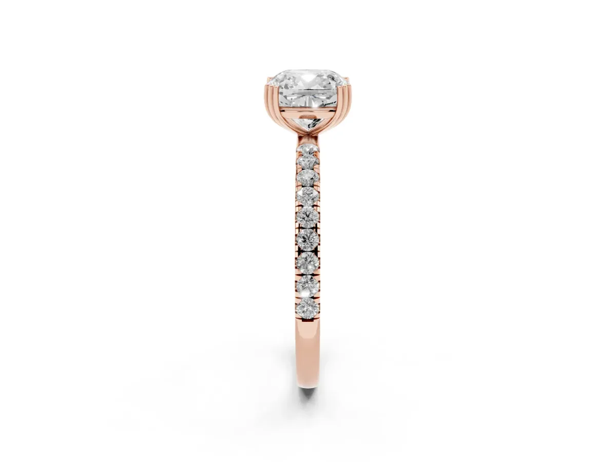 Cushion Cut Brilliant Solitaire with Pavé Band and Claw Prong Setting Rose gold