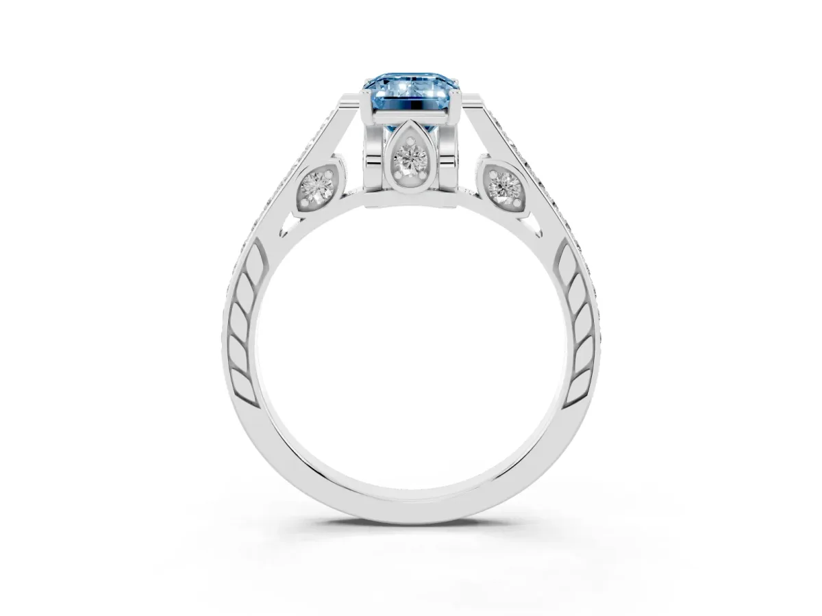Fancy Blue Emerald Cut Cut Cathedral Pave Diamond Engagement Ring with Six-Prong Setting Platinum