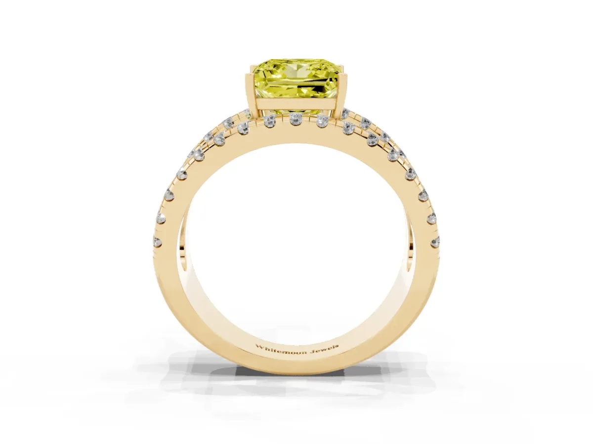 Fancy Yellow Princess Cut Solitaire Split Shank Pave Diamond Ring Yellow gold