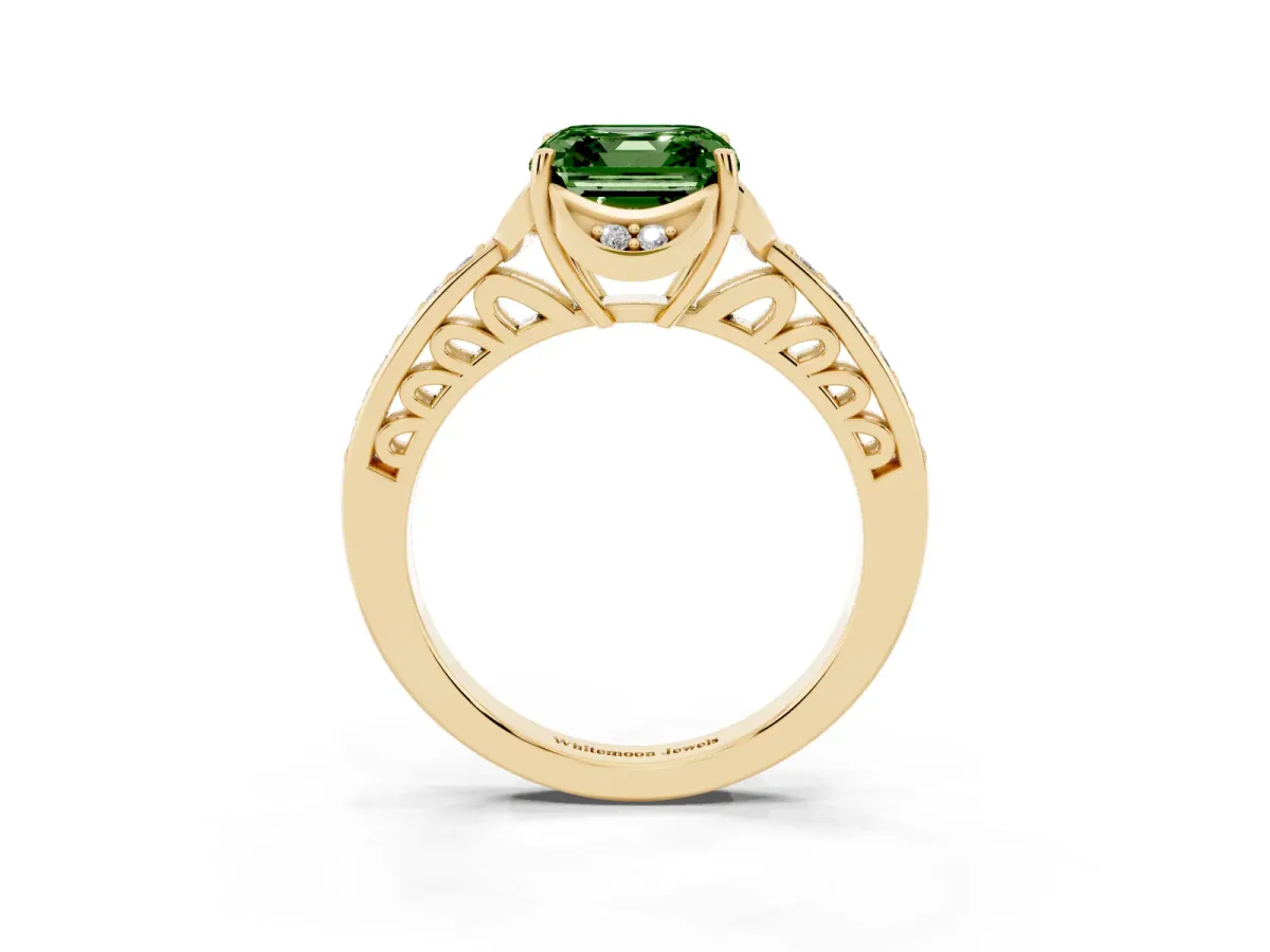 Fancy Green Asscher Cut Cut Halo Diamond Ring with Channel Set Band and Four-Prong Setting Yellow gold