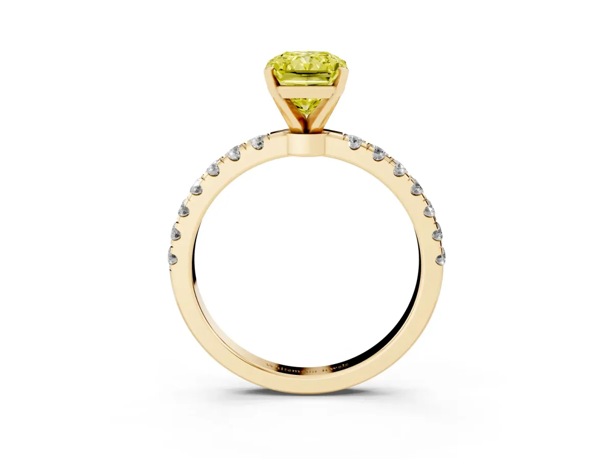 Fancy Yellow Radiant Cut Diamond Solitaire Ring with Pavé Accents and Four-Prong Setting Yellow gold