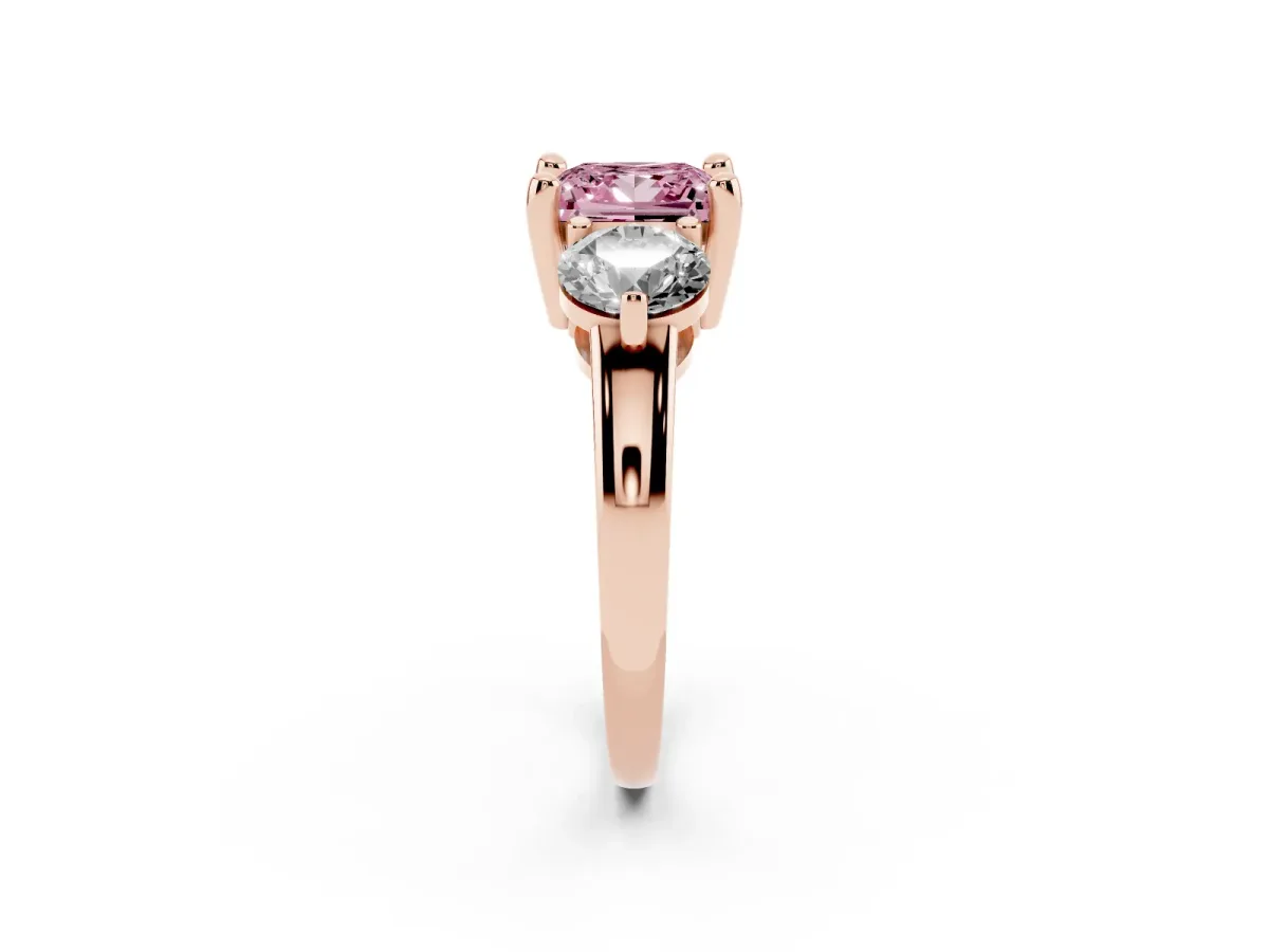 Fancy Pink Three-Stone Princess Cut Brilliant Cut Solitaire Ring with Prong Setting on a Classic Band Rose gold