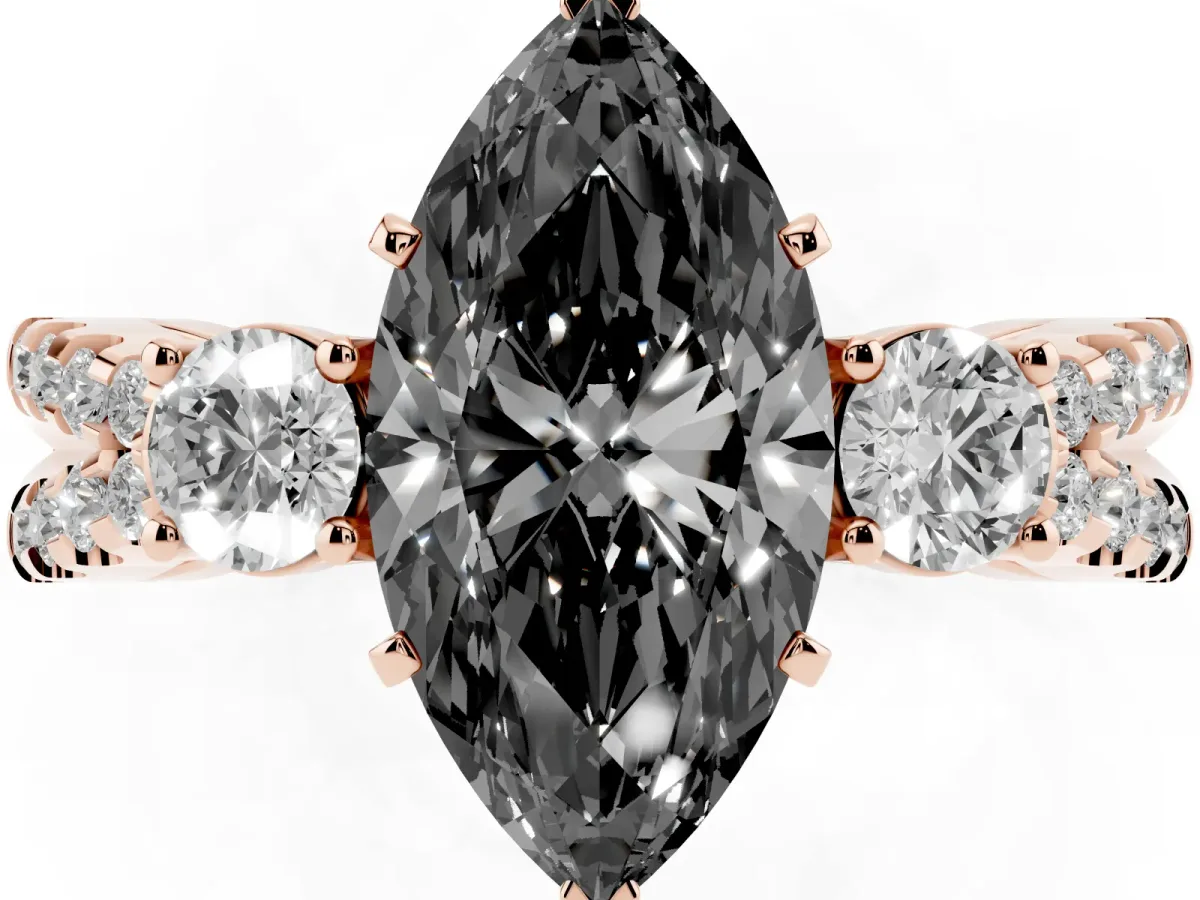 Fancy Black Marquise Cut Diamond Three-Stone Ring with Pavé Split Shank and Four-Prong Setting Rose gold