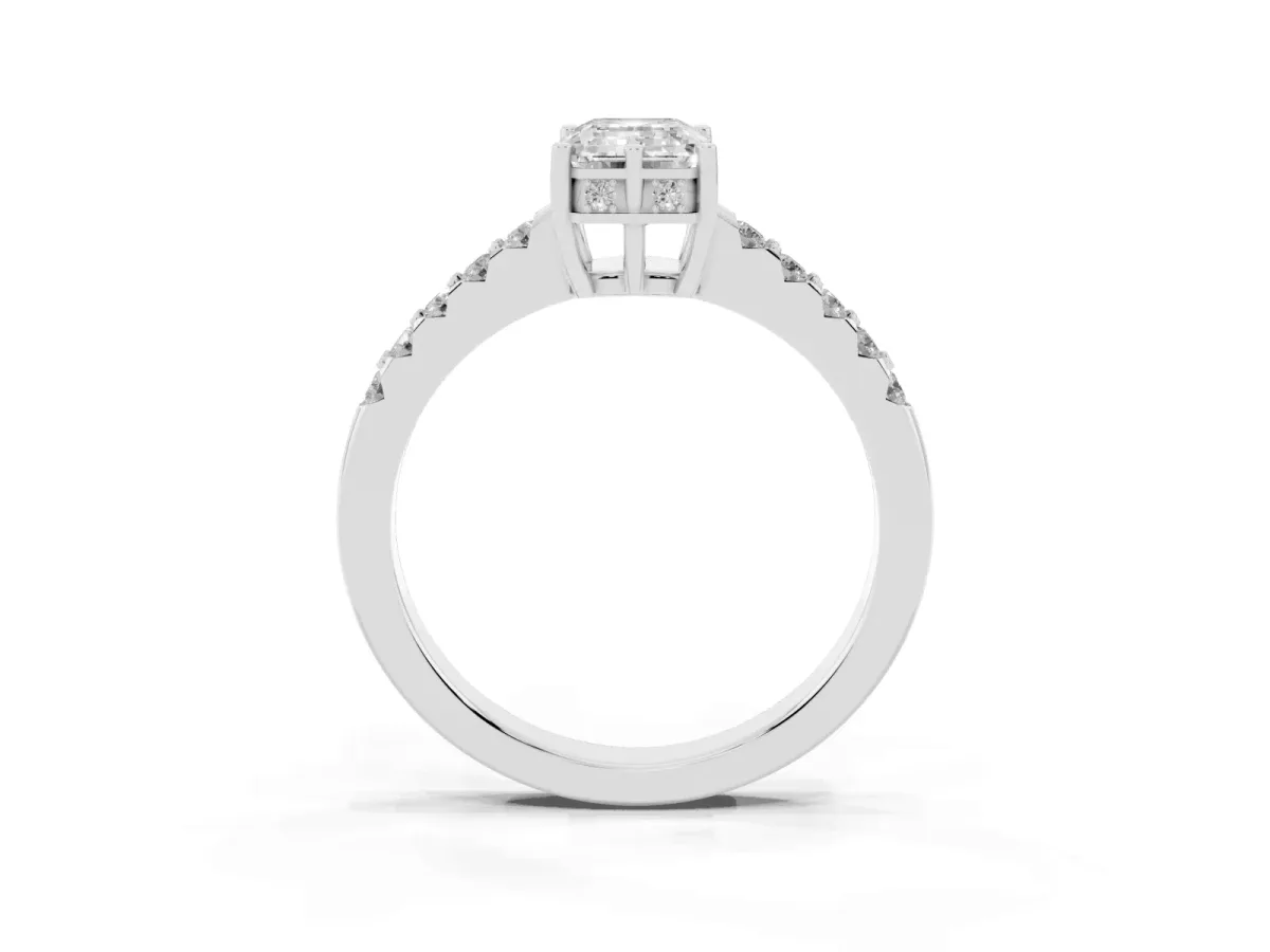 Emerald Cut Solitaire Diamond Engagement Ring with Pavé Band and Six-Prong Setting White gold