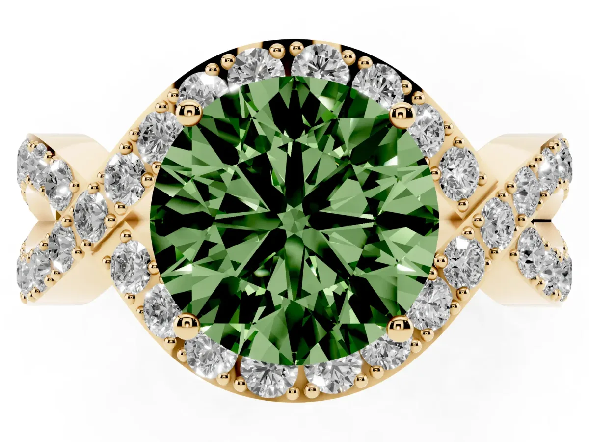 Fancy Green Round Cut Solitaire Twist Band Pavé Diamond Engagement Ring Yellow gold
