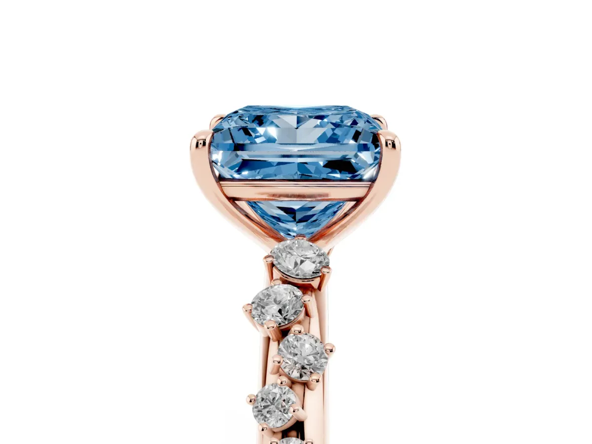 Fancy Blue Princess Cut Diamond Cluster Prong-Set Solitaire Ring Rose gold