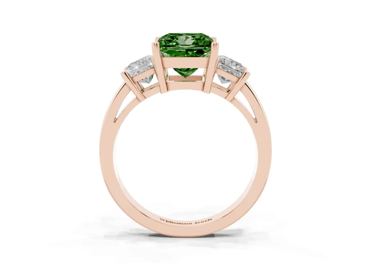 Fancy Green Three-Stone Princess Cut Cut Solitaire Ring with Prong Setting Rose gold