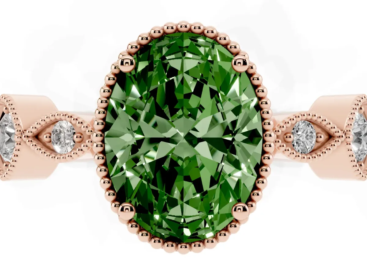 Fancy Green Oval Cut Diamond Vintage Milgrain Ring with Round Stations Rose gold