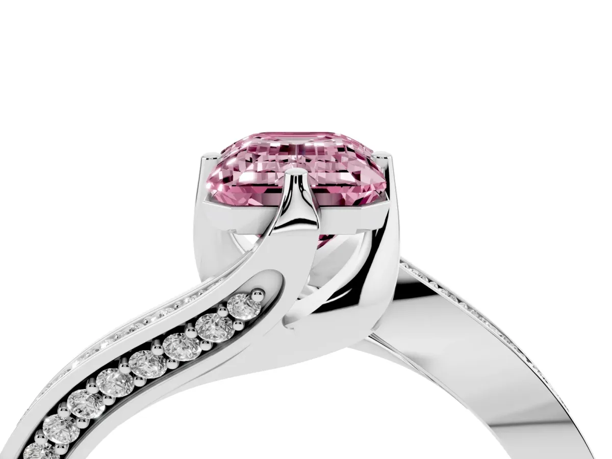 Fancy Pink Emerald Cut Solitaire Diamond Twist Band with Pavé Setting and Four-Prong Setting Silver