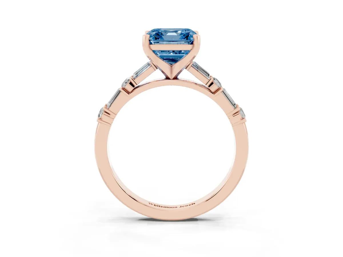 Fancy Blue Asscher Cut Diamond Solitaire with Side Baguettes and Channel Set Band Rose gold
