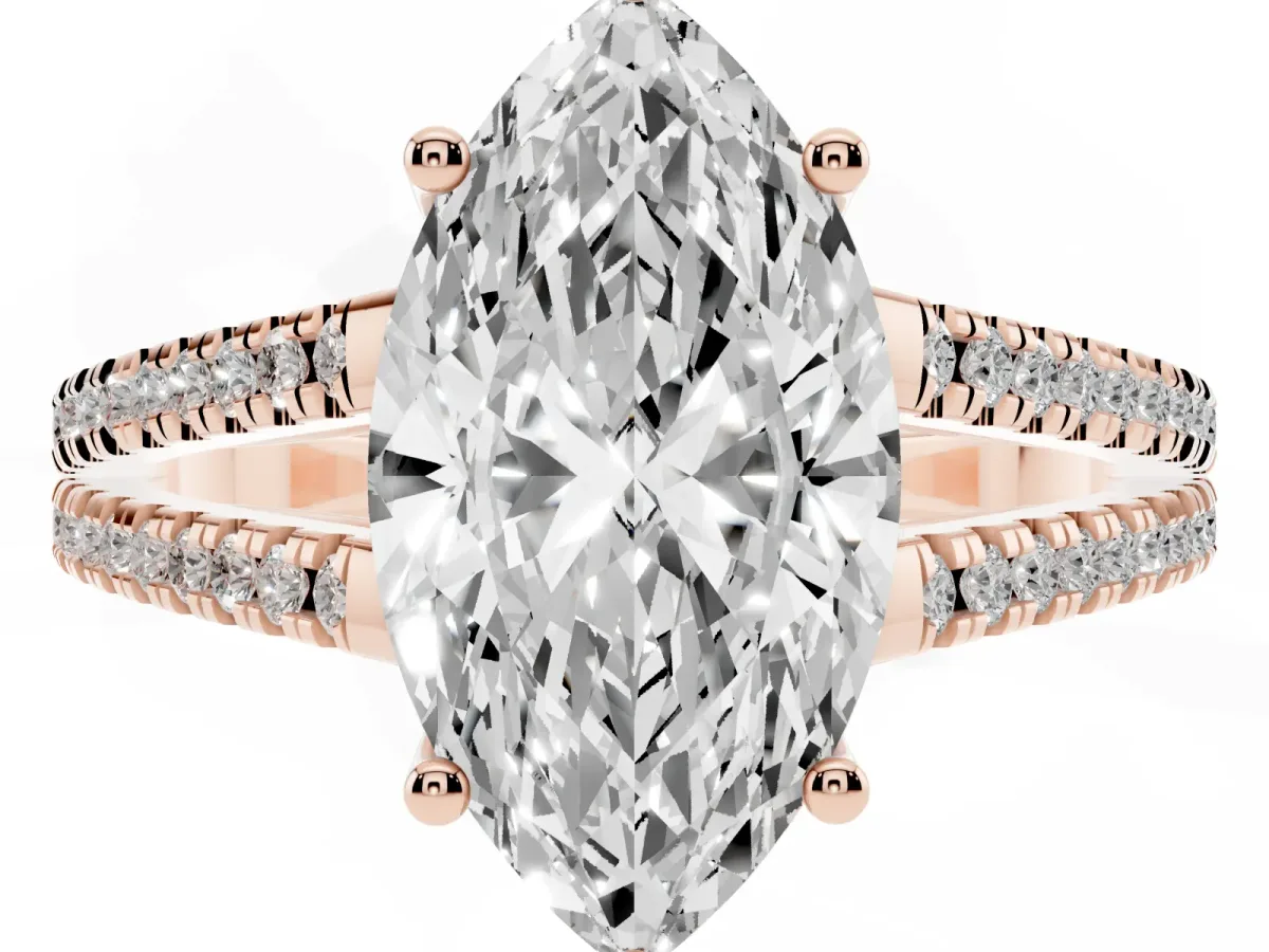 Marquise Cut Diamond Solitaire Engagement Ring with Split Shank Pavé Band Rose gold