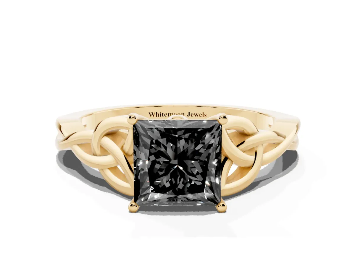 Fancy Black Princess Cut Diamond Solitaire Engagement Ring with Celtic Knot Band and Four-Prong Setting Yellow gold