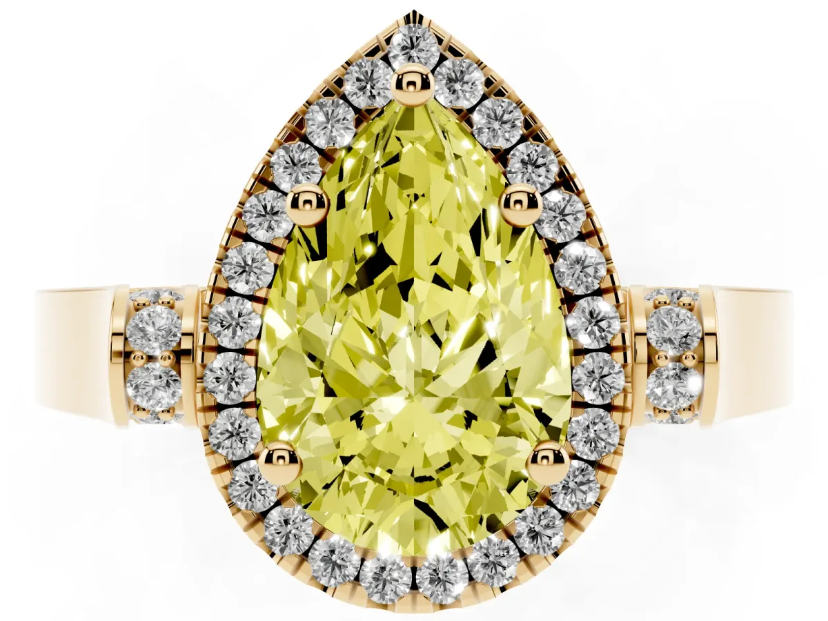 Fancy Yellow Pear Cut Halo Pave Split Shank Prong Setting Ring Yellow gold